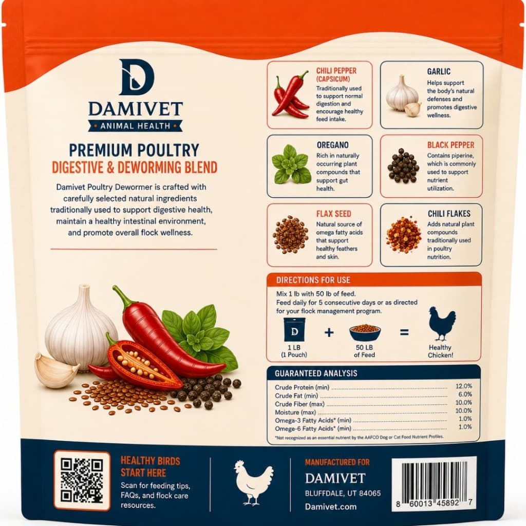 Back of DAMIVET pouch showing ingredients and directions